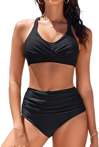 heekpek Costume Donna Due Pezzi Vita Alta Bikini Mare Costumi da Bagno Donna Curvy Push Up Imbottito Scollo a V Crociato Davanti Swimsuit, Nero, XXL
