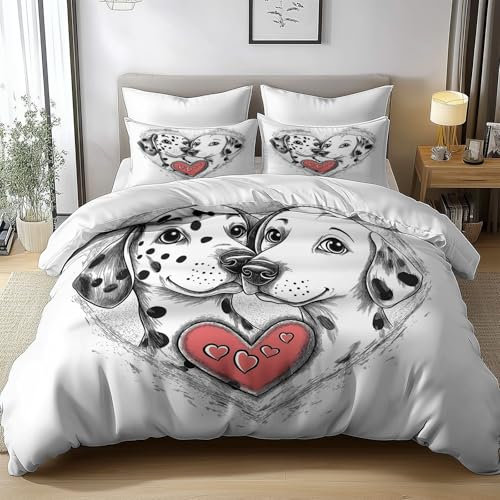 Generico Fibra Superfine Copripiumini Reversibile Stile Cartoon A Forma Di Cuore Cane Prevenire L'Allergia Con Cerniera Morbido E Confortevole Copripiumino 135x200cm Stampa 3D Set Copripiumino
