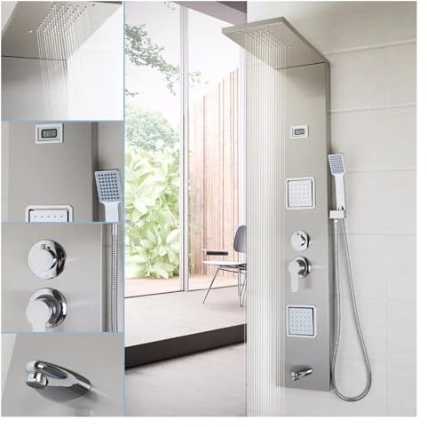 PUFAHAU Pannello Doccia per Bagno, Rubinetto con Display Digitale, Miscelatore, Sistema Doccia A Pioggia con Idromassaggio, Colonna Doccia, Kit Doccia