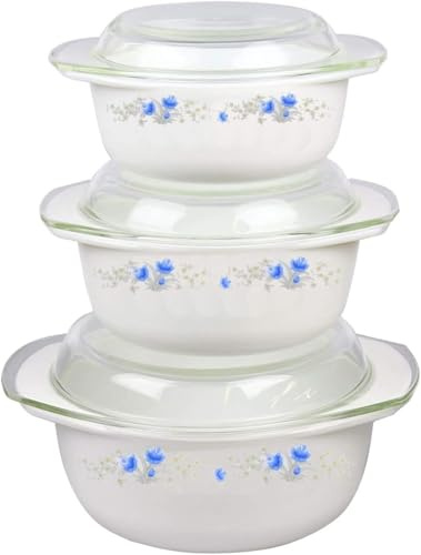 Set of 3 Opal Glass Round Casserole Dishes with Lid, , Freezer & Microwave Safe, Scratch & Thermal Shock Resistant, Easy-Grip Handles Serving Dishes (1 + 1.5 + 2.5 Litres) (Romania Blue Floral)