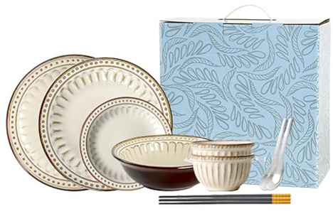 WOTZOV Service de Table en céramique gaufrée, Vaisselle Beige en grès au Look rétro, Service de Table 28 pièces pour 6 Personnes, Assiette Western créative, Assiette à Steak et ，A