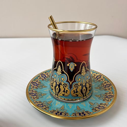 Handgefertigte türkische Teegläser mit Untertellern, altmodische türkische Teetassen, Vintage Teegläser-Set mit 6 Stück, Damen-Party Arabische schickes Trinkgeschirr, Vintage Persisches