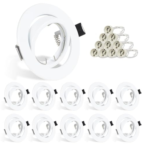 HiBay 10er Set Einbaustrahler LED GU10 Einbaurahmen Rund Weiß Deckenspots 68-85mm Einbauspots Inkl. GU10 Fassung für LED oder Halogen Leuchtmittel