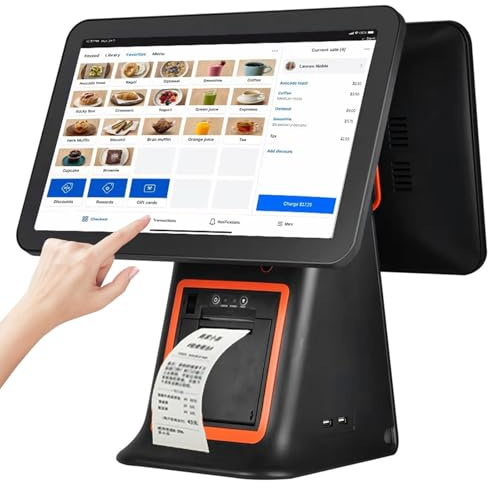HNBYLMM Caisse Enregistreuse POS pour Petites Entreprises, Caisse Enregistreuse Intelligente avec Double Écran Tactile 15.6 Pouces, Caisse Enregistreuse Tout-en-Un Compatible Windows/Android,Black