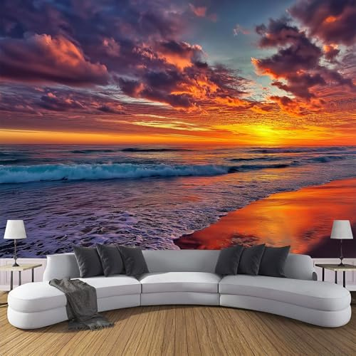 Poster Giganti da Parete Stile Paesaggio Del Tramonto Fotomurale Carta da Parati seta Blu Arancione Decorazione da Muro,Tramonto Sul Mare Fotografica Murale per Camera Letto Sala 250×175cm
