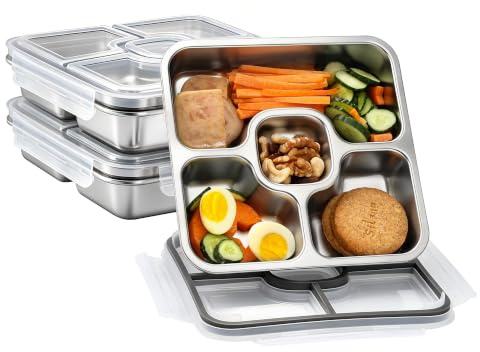 Misichao Lunchbox aus Edelstahl mit 4 Fächern – 800 ml Metall Bento Lunchbox für Erwachsene & Kinder, wiederverwendbare Mahlzeiten-Vorbereitungsbehälter, spülmaschinenfest, Schulbüro (Grau X 3)