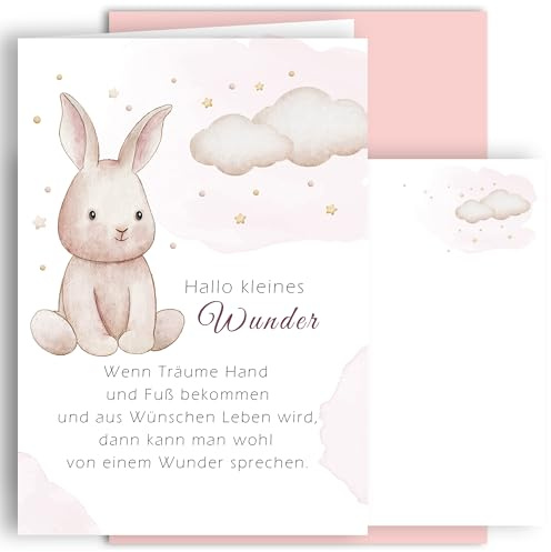 E&G Klasse Geburtskarte zur Geburt Klappkarte A6 mit Umschlag Babykarte Mädchen mit Spruch Maus Hase rosa Geschenk Neugeborenes Baby Willkommenskarte hochwertig (Hase - Kleines Wunder)