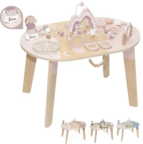 Mainely Spieltisch ab 1 Jahr personalisierbar mit Namen, Aktivitätstisch mit Formsortierer & Spiegel, Lernspielzeug mit Motorikschleife, Baby Geschenk Mädchen