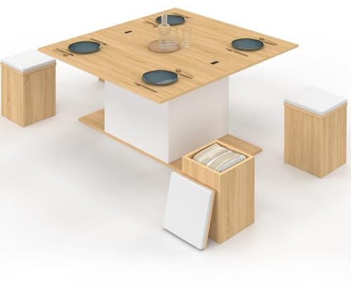 IDMarket - Table Basse Plateau relevable rectangulaire Convertible en Table à Manger Eden 100 cm Bois et Blanc avec poufs