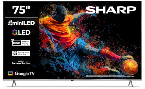 Sharp 75JP7765E QLED Fernseher 75 Zoll Google TV 4K UHD Smart TV Mini-LED | Dolby Vision HDR | Dolby Atmos | Sound by Harman Kardon | Google Assistant | Triple-Tuner DVB-C/-S2/-T2 | Modelljahr 2026