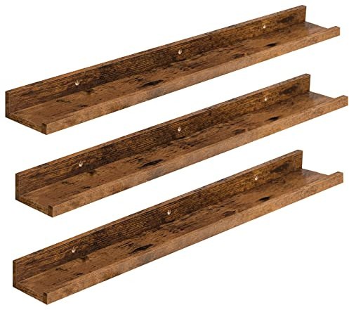 HOOBRO Floating Shelves, Wall Shelf Set of 3, 35.4 Inches Hanging Shelf with Raised Edge and Invisible Brackets, for Bathroom, Bedroom, Kitchen, Office, Living Room Decor, Rustic Brown BF90BJ01