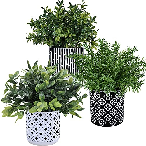 Winlyn 3-Pack Artificial Potted Plants - Faux Eucalyptus, Rosemary, Boxwood Greenery in Small Black & White Geometric Concrete Pots -Desk, Table, Shelf, Windowsill Decor for Indoor Outdoor Home Office