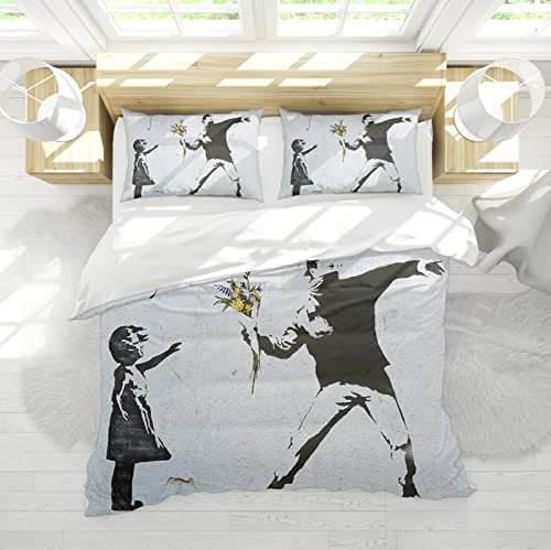 HengYun ART Jeter des Fleurs Couette Housse Setgrey Blue Ballon Girl Microfiber Bedding Set Lavable pour Femmes Hommes Garçons Filles Dortoir Ados 220x240cm