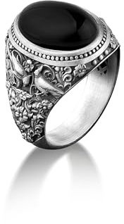BySilverStone Jewelry Von Der Natur Inspirierter Schwarzer Onyxring Für Männer, Gravierter Ring Aus 925Er Sterlingsilber Mit Schwarzem Stein, Einzigartiger Vintage-Herrenring