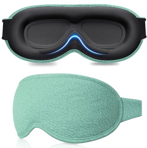 Gritin 3D Schlafmaske für Seitenschläfer Upgrade Atmungsaktive Schlafbrille | Augenmaske mit Verstellbar Gummiband, Lichtblockierend, Bequem & Ergonomisch,2 Paar Ohrstöpseln - Cyan