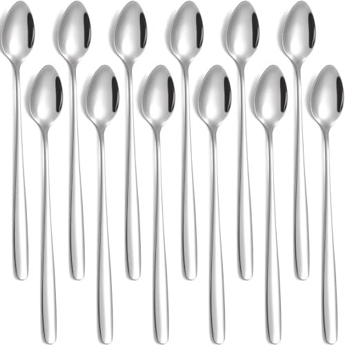 tiokin Set di cucchiai per latte macchiato, 12 pezzi, manico lungo 19,8 cm, cucchiaio lungo in acciaio inox, per caffè freddo, tè freddo, frappè, gelato, cocktail e dessert, KSS-BS-12