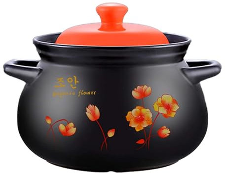 Cacerola Profunda De Cerámica, Olla De Barro Con Patrón De Flores, Olla De Barro, Olla Para Sopa Con Tapa, Utensilios De Cocina Saludables Resistentes Al Calor Para Cocción Lenta, Color Neg(Size:8L)
