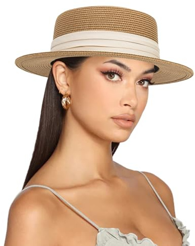 Straw Boater Summer Sun Hat - Wide Brim Fedora Panama Summer Beach Hat for Men Women(Size:Large)
