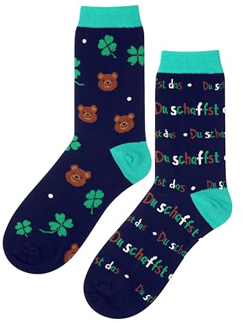 Otuuz Set de Regalo de Suerte Incluido Calcetines Divertidos de la Suerte Postal de Trébol de Cuatro Hojas Bolsa de Organza(Oso Afortunado)