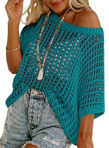 Chicrise Jersey de ganchillo para mujer, hombros descubiertos, cuello redondo, jersey de punto de gran tamaño, aguja de ganchillo, cubierta de malla, parte superior Lechit casual, verde pavo real, L