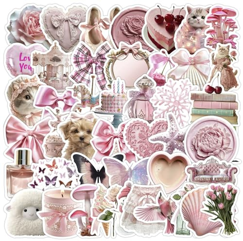 LYLSDSB Rosa Aufkleber 50 Stück Wasserdicht Niedliche Aesthetic Sticker für Wasserflaschen Laptop Skateboard Scrapbook Fahrrad Gepäck,Vinyl Trendy Kawaii Vintage Sticker für Erwachsene Mädchen