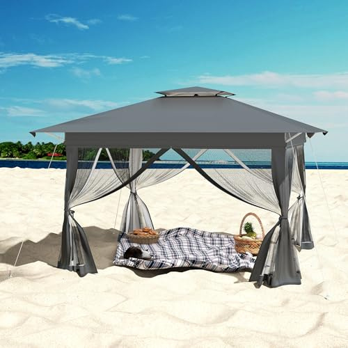UISEBRT Fällbar paviljong 4 x 4 m, vattentät med myggnät, höjdjusterbar trädgårdspaviljong, popup-festtält med bärväska på hjul, UV-skydd, för terrass trädgård bakgård (antracit)
