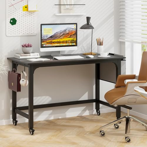 GYMAX Scrivania per Computer con Ruote, Postazione di Lavoro per Computer Mobile con 4 Ruote, Tavolo con Telaio in Metallo da Studio, Ufficio e Garage, 120 x 60 x 76 cm (Con Tasca Laterale - NERO)