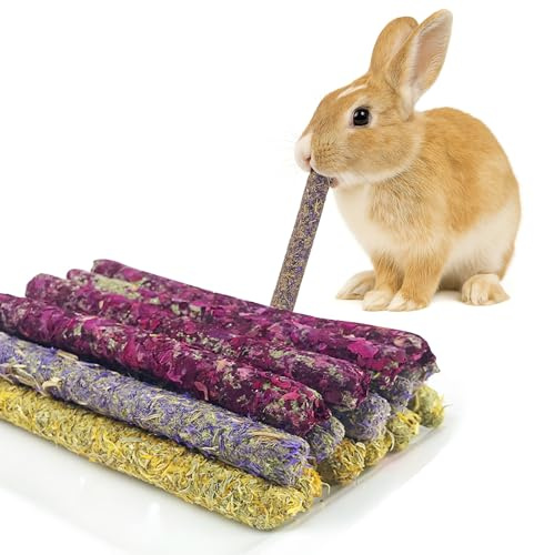 AMSGANK Juguetes Masticar para Conejos, 18 Piezas Juego de Palitos de Heno con Pétalos para Conejos Enanos Juguetes Molares Naturales para Cobayas, Conejitos, Hámsteres y Chinchillas