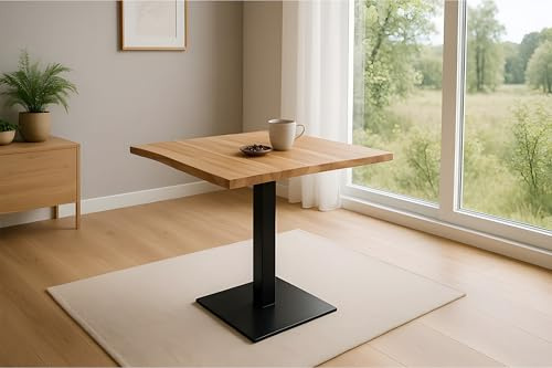 SAM Bistrotisch Iris 80x80 cm, Akazie Natur lackiert, Stempelfuß schwarz | Baumkantentisch massiv, Akazienholz Natur lackiert, echte Baumkante, Säulentisch/Esstisch aus Eisen