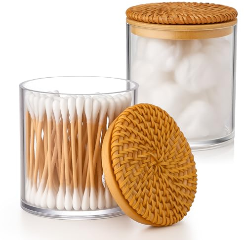 Mysora 2 Pack Cotton Ball Holder Cotton Pad Holder with Rattan Lids Bathroom Container 10 oz Clear Plastic Apothecary Jar Containers Vanity Canisters Jars Accessories Set for Floss