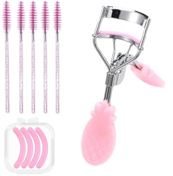 Benixmidart Wimpernzange, Wimpernzange mit 4 Ersatz-Wimpernpads und 5 Wimpernspulen, Wimpernzangen-Set, tragbare Reise-Wimpernzange für Wimpernverlängerung (Ananas-Rosa)