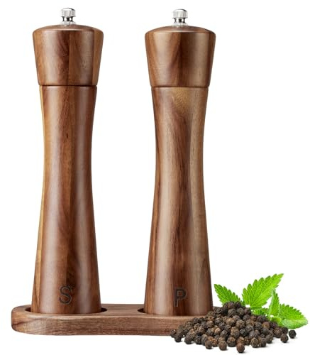 Osrioal Salt and Pepper Grinder Set, 8 Inch Wooden Salt and Pepper Mill with Tray, Salt and Pepper Grinder Refillable Spice for Cooking and Baking（Set of 2）