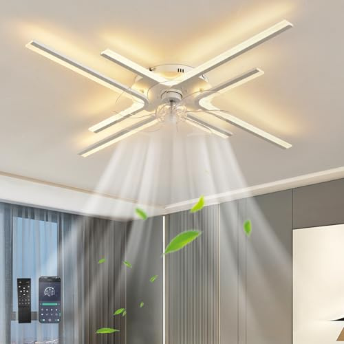 Ventilador de Techo con Luz Modernos Grandes y Sencillos Lampara Ventilador Brillo Ajustable 6 Velocidades Reversible Mando a Distancia Temporizador Silencioso Función Memoria para Dormitorio, Blanco