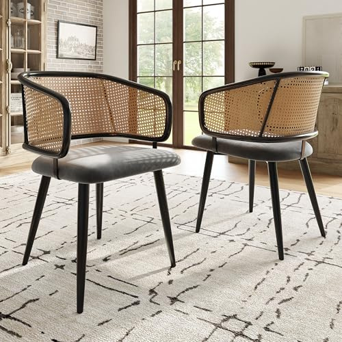 2er Set Rattan Esszimmerstühle mit Samtkissen, gebogener Rückenlehne & Armlehnen - Stilvolle Rattan-Sessel für Esszimmer, Wohnzimmer, Restaurants und Cafés