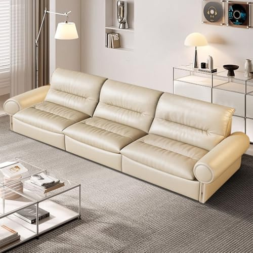 Modern enkel beige lädersoffa, rymlig och mjuk soffa med massiv träram, stor storlek, lämplig för vardagsrum/kontor/lägenhet.