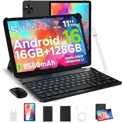 DOOGEETab U11 Tablette Android 16, 11 Pouces Tablette avec Clavier, 16Go RAM+128Go ROM(2To TF), T7200Octa-Core Tablette Tactile 90Hz, 8580mAh, Gemini AI,Widevine L1/5G WiFi/7,9mm/Face ID