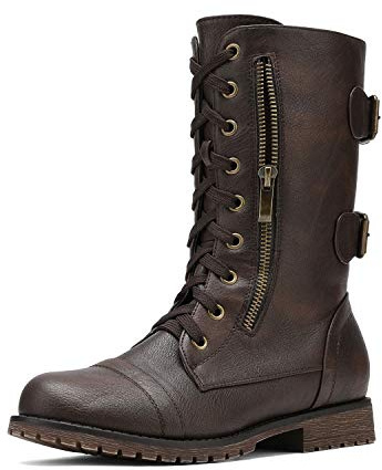 DREAM PAIRS Women's Combat Boots, Mid Calf Built-in Wallet Pocket Lace up Military Ankle Booties,Size 8.5,Classic Brown,TERRAN