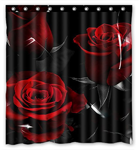 Custom Fire Red Rose And Black Leaves Bathroom Shower Curtain, Shower Rings Included 100% Polyester Waterproof Shower Curtain 66x72 Inches