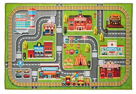 Relaxdays Spielteppich Straße, Stadt-Motiv, rutschfest, Autoteppich für Jungs & Mädchen, Polyester, BxT 150x100 cm, bunt