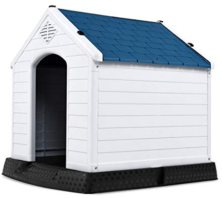 GOPLUS Niche pour Chien en Plastique avec Trous de Ventilation et Plancher Surélevé, Maison pour Chien avec Toit Étanche, pour Utilisation Intérieure et Extérieure (Bleu, M)