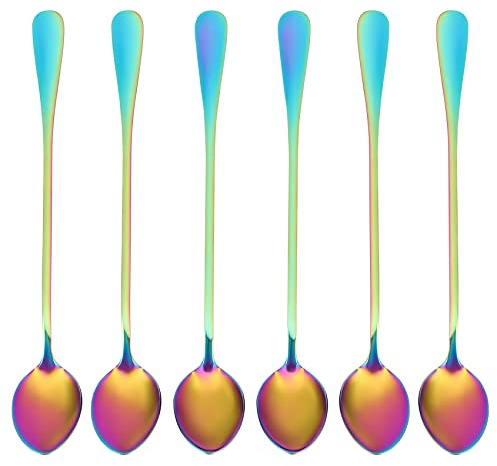 Coffee Espresso Teaspoons, Set of 6 Rainbow Color Mini Spoon Long-Handle Ice Cream Desert Spoon Stir Spoons Mixing Spoon for Coffee Sugar Dessert Cake Ice Cream Soup Antipasto Cappuccino