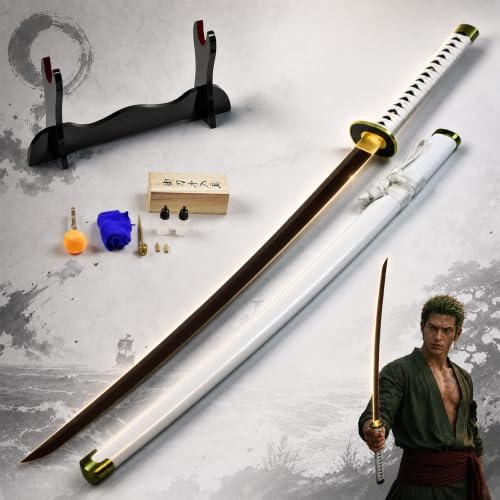 Swords and more Wado-Ichi-Monji von Roronoa Zoro Katana - handgeschmiedet & gefaltet, Set - Blutdamast Edition, Wado Ichimonji, echt scharfes Samurai Schwert mit Schwertpflegeset, One Piece