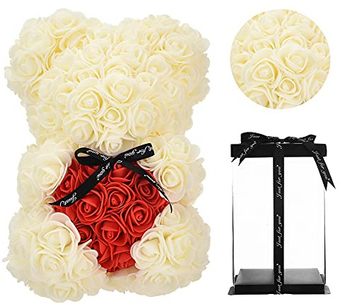 Geschenke für Mama, Geburtstagsgeschenk für Frauen, Valentinstagsgeschenk, Bär, Rose Teddybär in Einer Geschenkbox, vollständig zusammengebaute Geschenkbox, Hochzeit und Jubiläum… (milchig weiß)