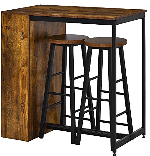 HOMCOM Bartisch-Set Stehtisch mit 2 Barhockern 3-teiliges Bistrotischset Küchentresen mit 3 Ebenen Essgruppe Esszimmergruppe im Industrie Design Stahl Rustikales Braun+Schwarz