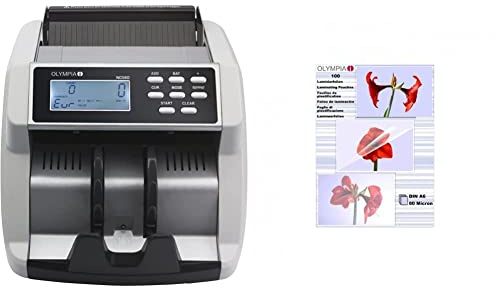 Olympia NC 560 Geldzähler (für Scheine, Echtheitsprüfung, Additionsfunktion, Geldzähl-Maschine für Euro, Dollar, Pfund) & Laminierfolien DIN A6, 80 Mikron, 100 Stück, 9168