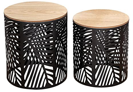 levandeo 2er Set Beistelltische Schwarz Metall Holz Rund Couchtisch Industrial Sofatisch Ablage Design Deko Tisch