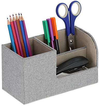 Relaxdays Schreibtisch Organizer, Stiftehalter mit 3 Fächern, Leinen-Optik, HBT: 11 x 20 x 9 cm, Büroorganizer, grau