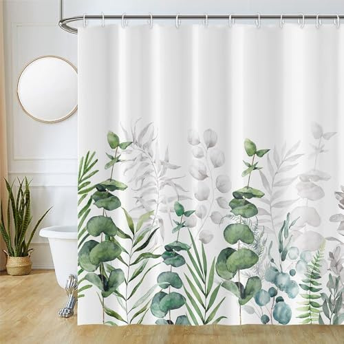 Uiiooazy Duschvorhang 180x200cm Anti Schimmel Eukalyptus Grüne Blätter | Duschvorhang Grau Pflanzen Motivo Wasserdicht Waschbar Stoff Polyester Bad Vorhang mit 12 Haken für Badezimmer Badewanne