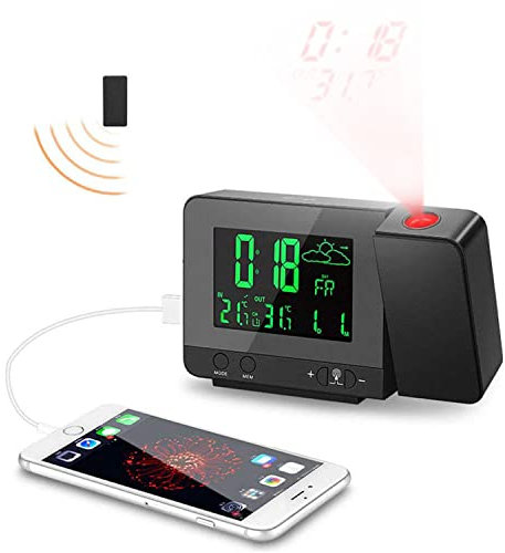 UIBAO Multifuncional Reloj Proyector Techo Despertador Digital Inteligent Radio Despertador con Proyector Digital Clock Inalámbrico Estación Meteorológica,Puerto de Carga USB