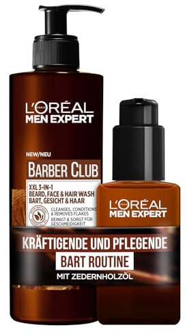 L'Oréal Men Expert Pflegeset mit Bartöl und Bartshampoo im XXL-Vorteilspack, Für einen kräftigen und gepflegten Bart, Mit Zedernholzöl für die tägliche Bartpflege, Barber Club, 2-teilig